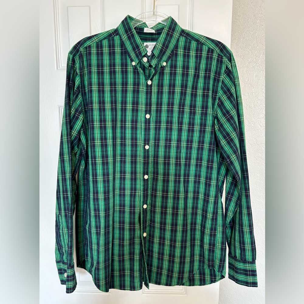 J. Crew Men's Green and Navy Plaid Button-Down Shirt Tailored Fit